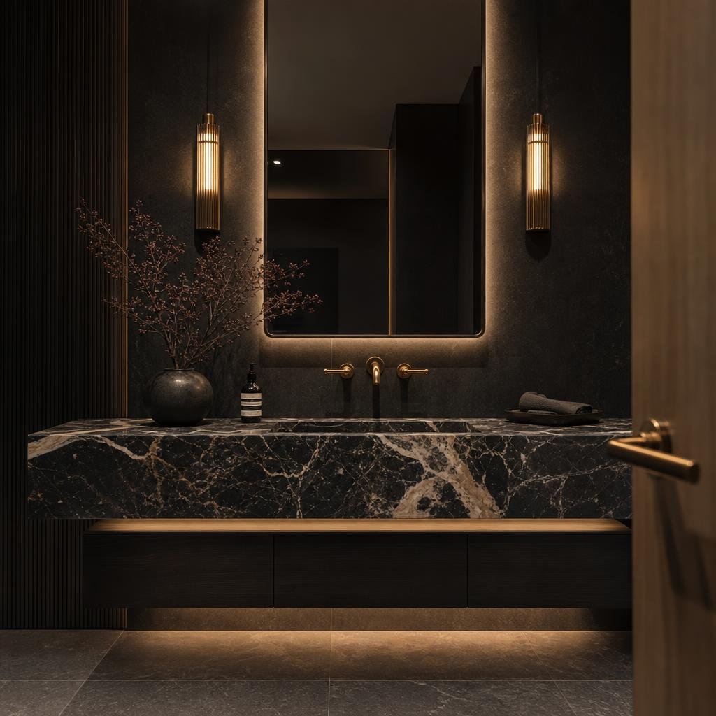 Floating Master Vanity — Nero Marquina Marble in Preston Hollow, TX